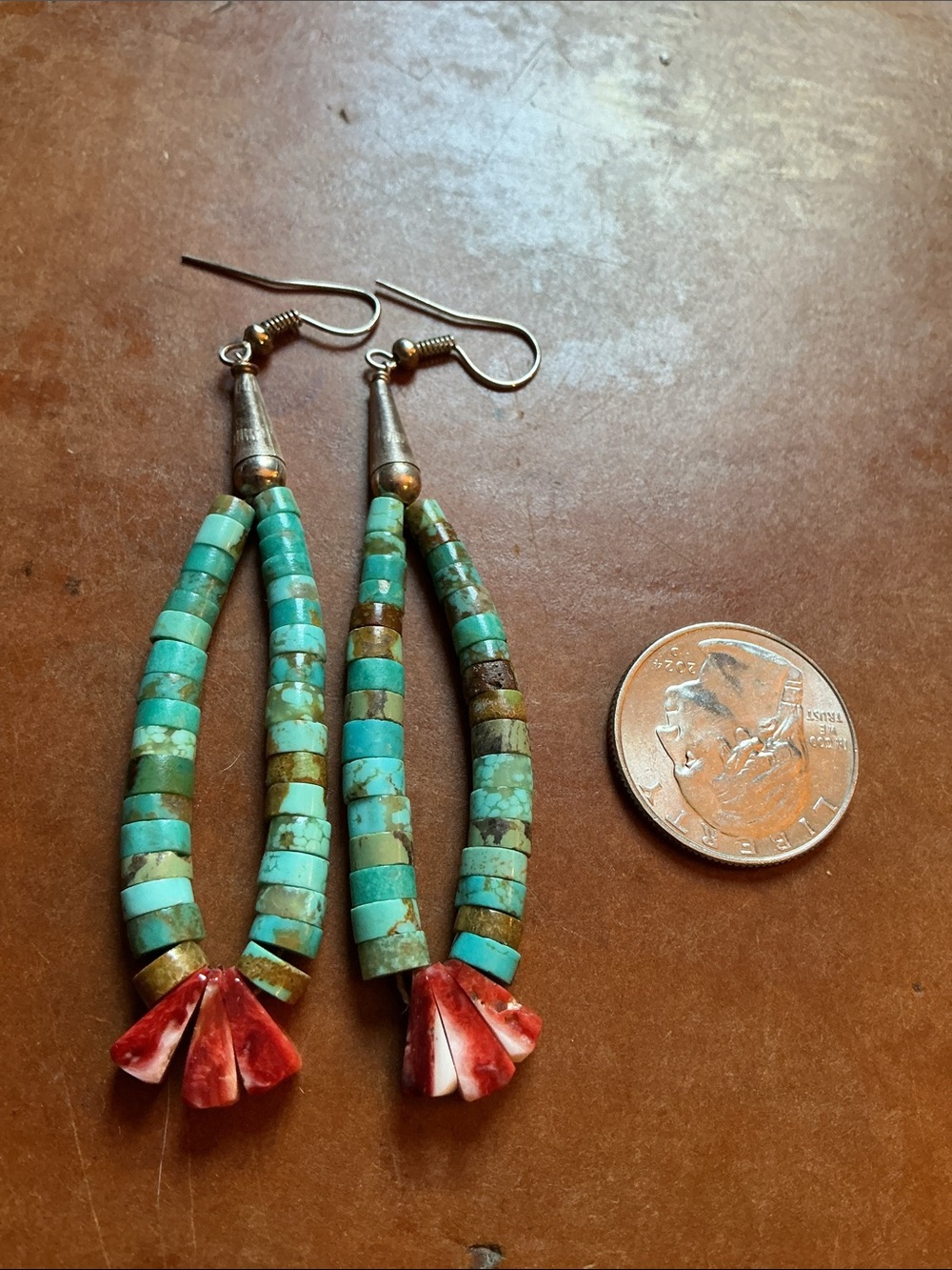 Native American Long Turquoise Heishi & Red Shell Dangle Earrings—3.5” - Picture 2 of 2